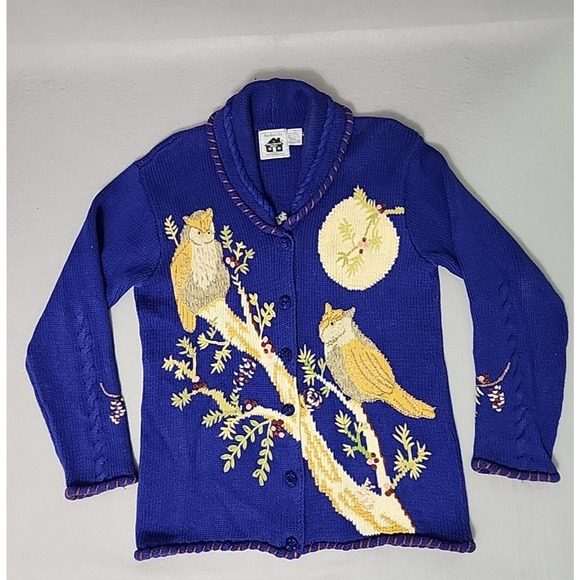 Storybook Knits M Purple Cardigan Sweater Owls in a Tree Embroidered Grannycore - Picture 1 of 13